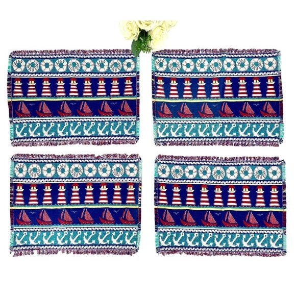 Set Of 4 Nautical Woven Placemats Sailboats Lighthouses Beach Cottage Blue Red - Picture 2 of 7